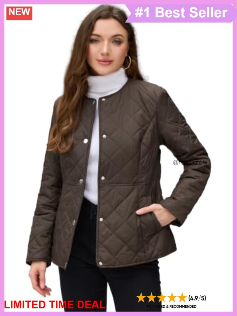 Women Quilted Jacket Collarless Snap Button Coat with Pockets